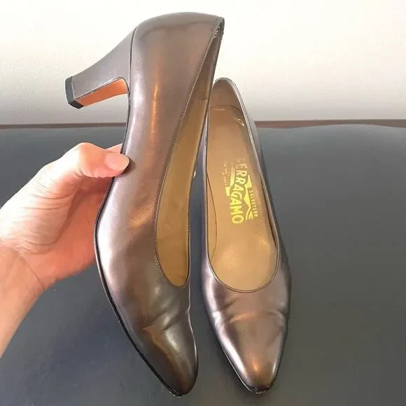 Salvatore Ferragamo | Shoes | Salvatoreferragamo Bronze Metallicleather  Pumps Heels 7 Aa Classic Shoes | Poshmark